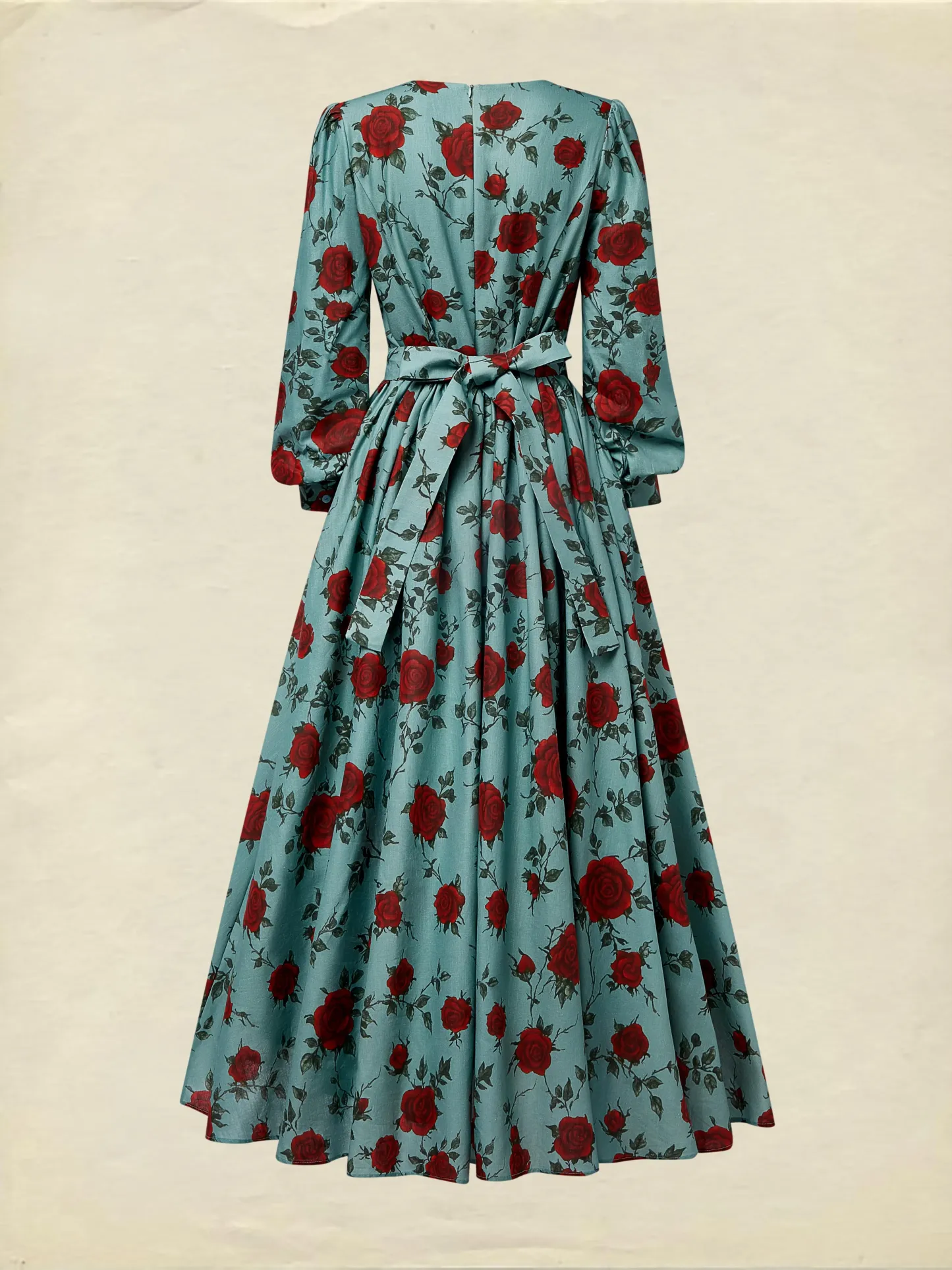 Maxi Linen Dress, Long Sleeves, V Neck, Floral, Belt Design, Vintage, Green - Green