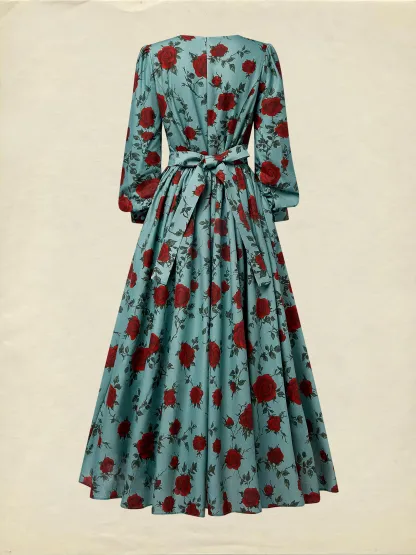 Maxi Linen Dress, Long Sleeves, V Neck, Floral, Belt Design, Vintage, Green - Green