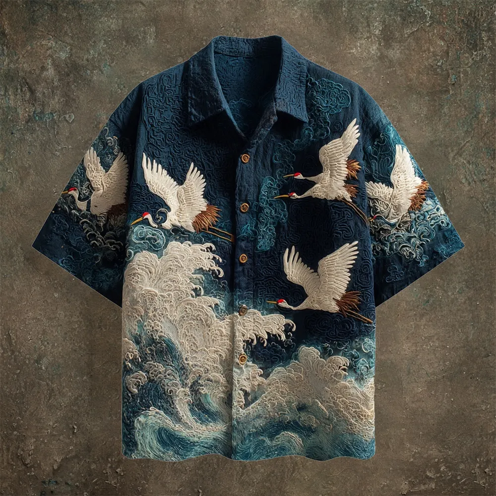 Japanese Wave & Crane Men's Casual Linen Short Sleeve Shirt - Black
