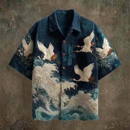 Japanese Wave & Crane Men's Casual Linen Short Sleeve Shirt - Black