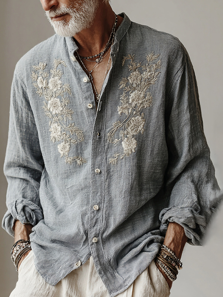 Men's Japanese Floral Art Print Casual Button Shirt - Light blue