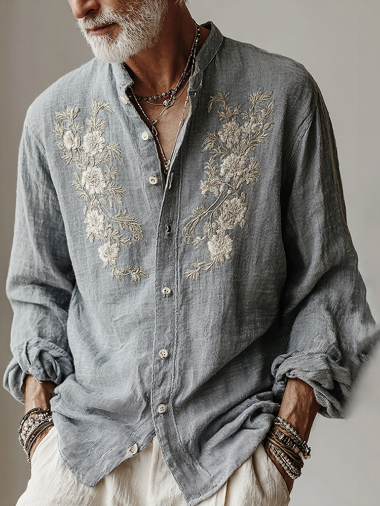 Men's Japanese Floral Art Print Casual Button Shirt - Light blue
