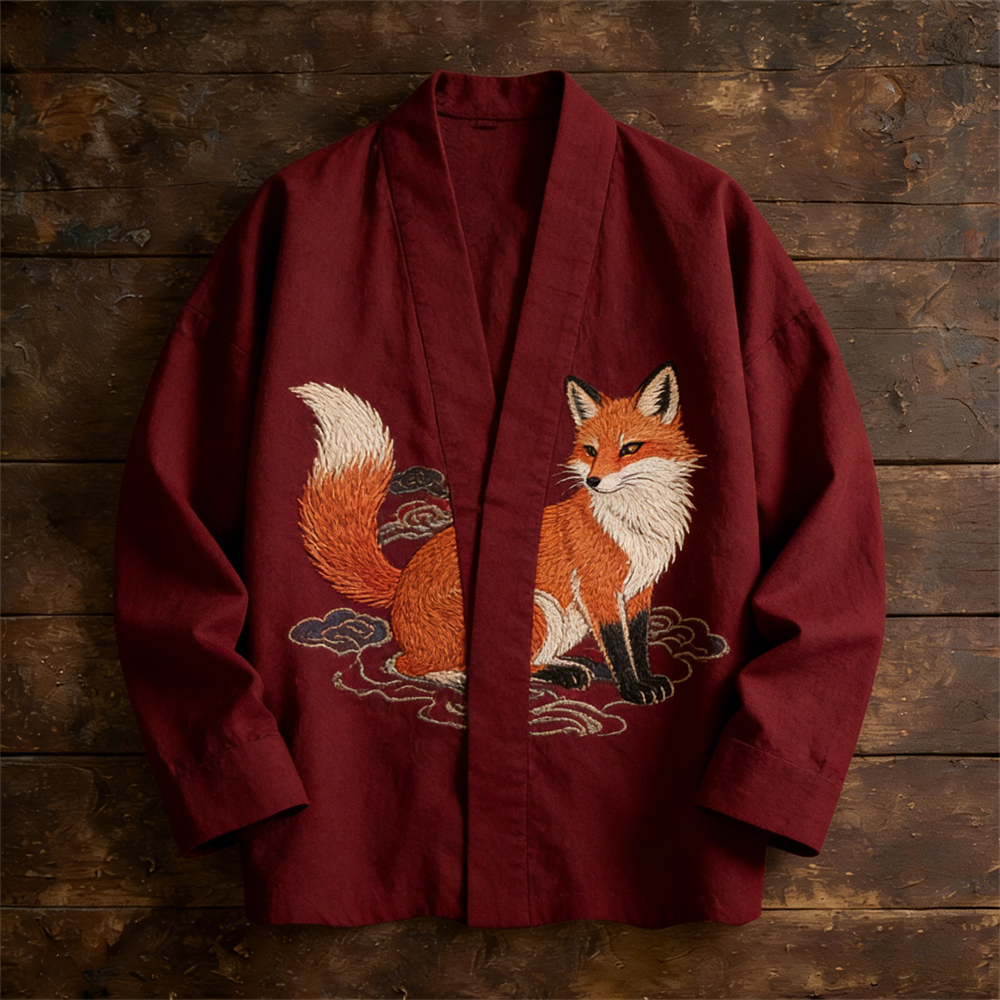 Japanese Fox Embroidered Totem Men's Linen Kimono - Red