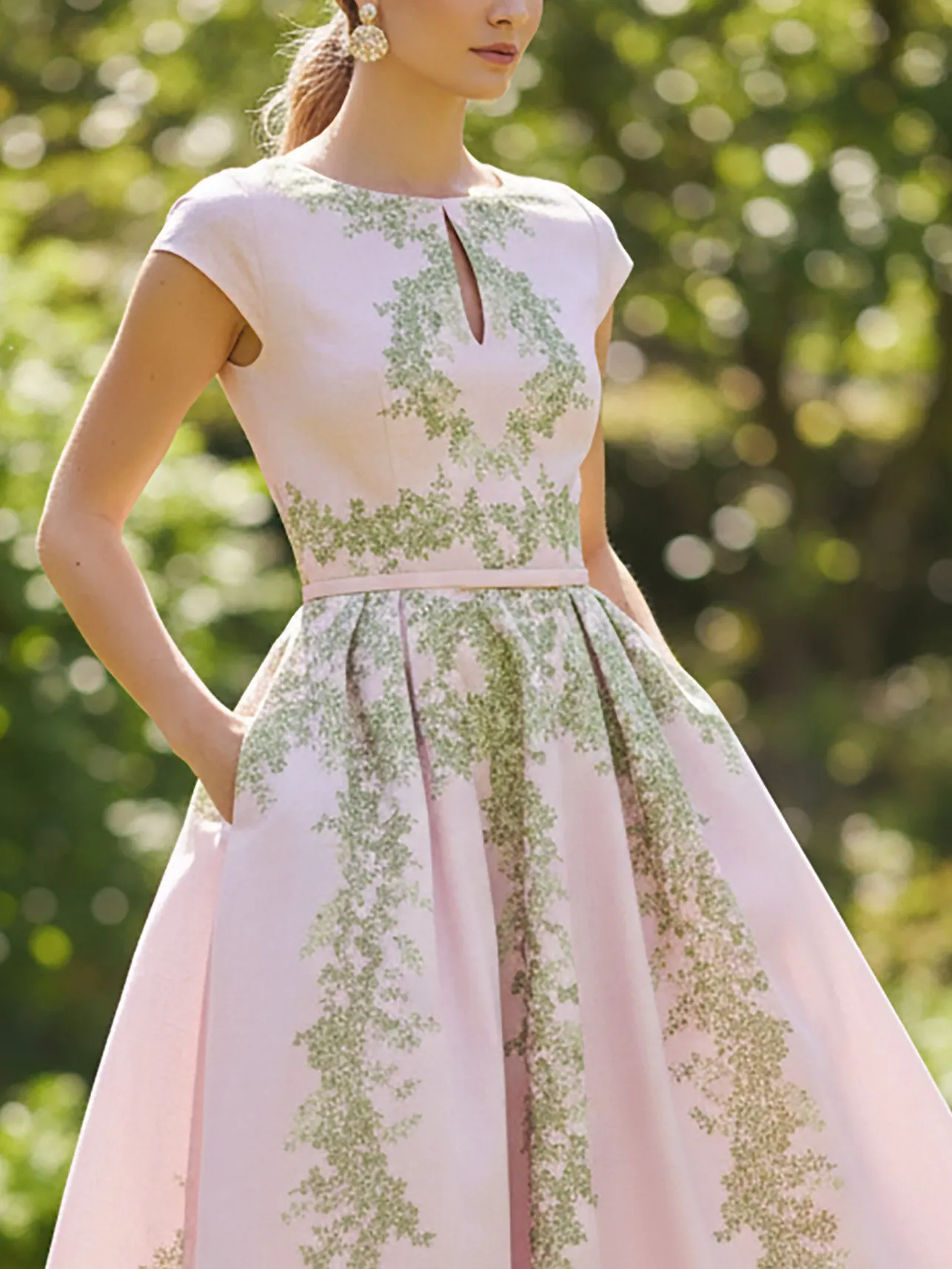 Midi Linen Dress, Cap Sleeves, Round Neck, Floral, Pocket Design, Vintage, Pink - Pink