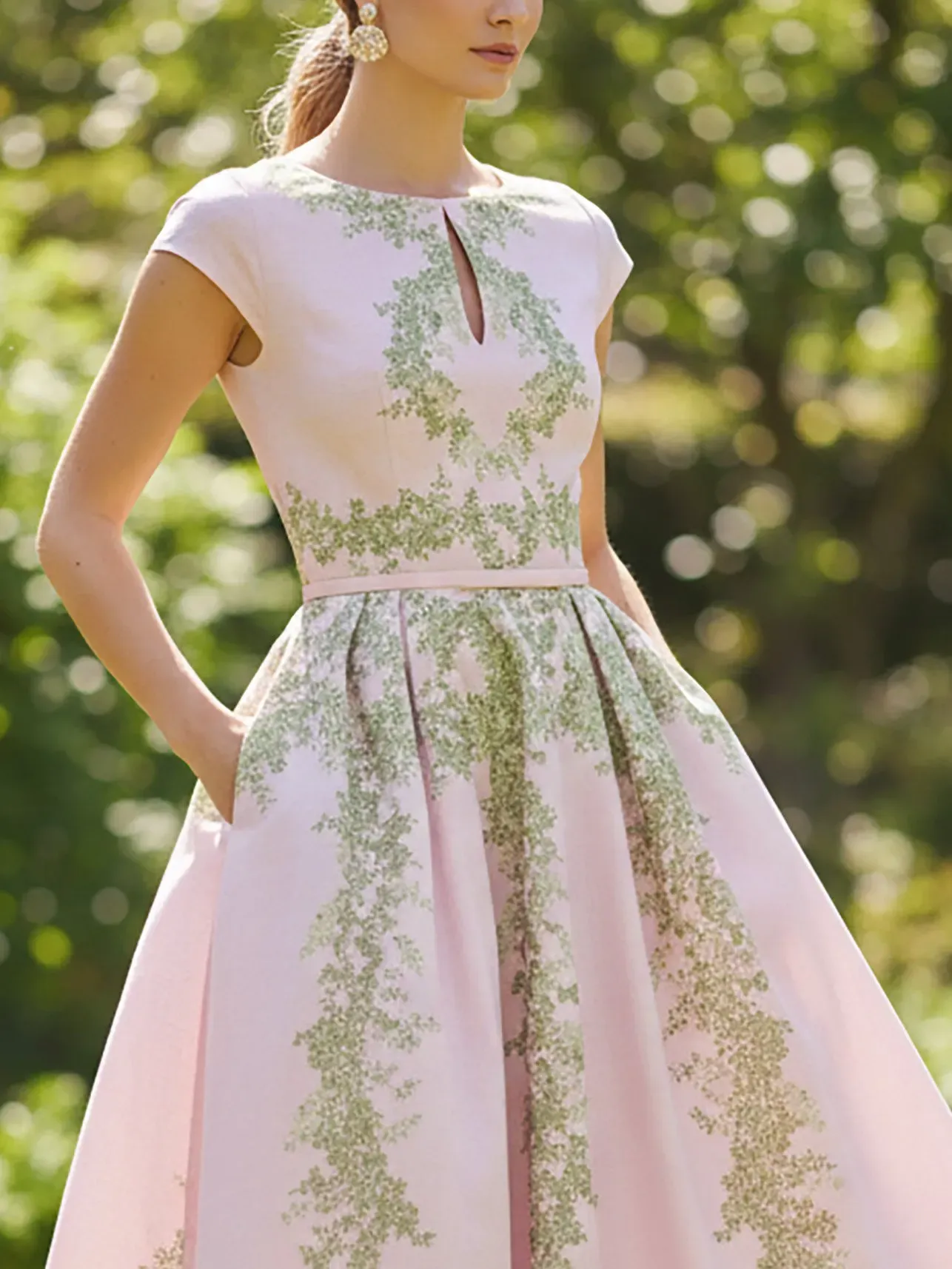 Midi Linen Dress, Cap Sleeves, Round Neck, Floral, Pocket Design, Vintage, Pink - Pink