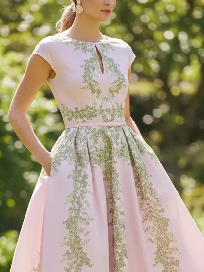 Midi Linen Dress, Cap Sleeves, Round Neck, Floral, Pocket Design, Vintage, Pink - Pink