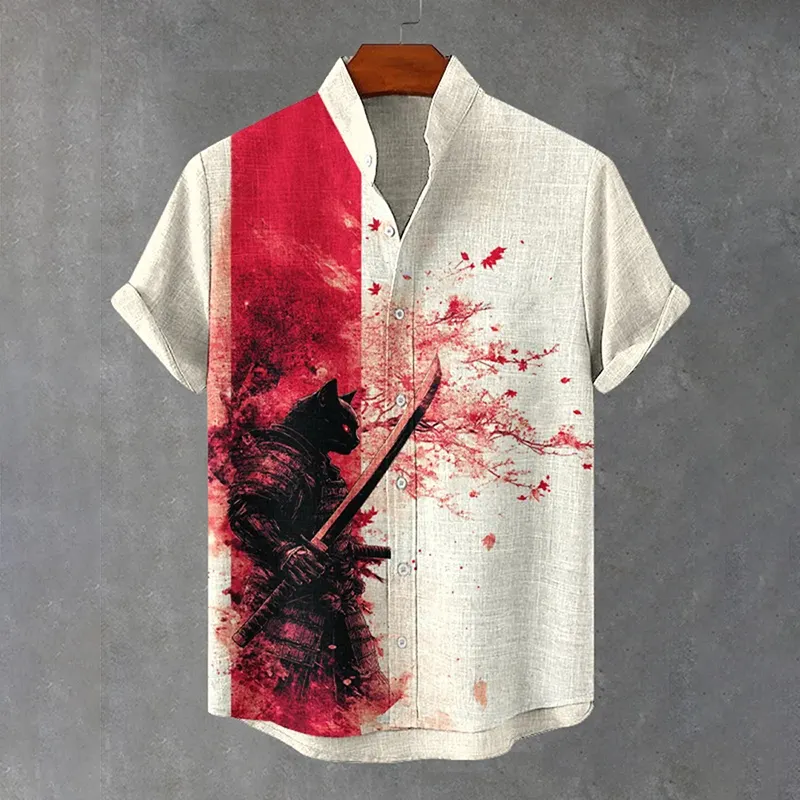 Men's Black Cat Warrior Art Print Short Sleeve Shirt - Beige