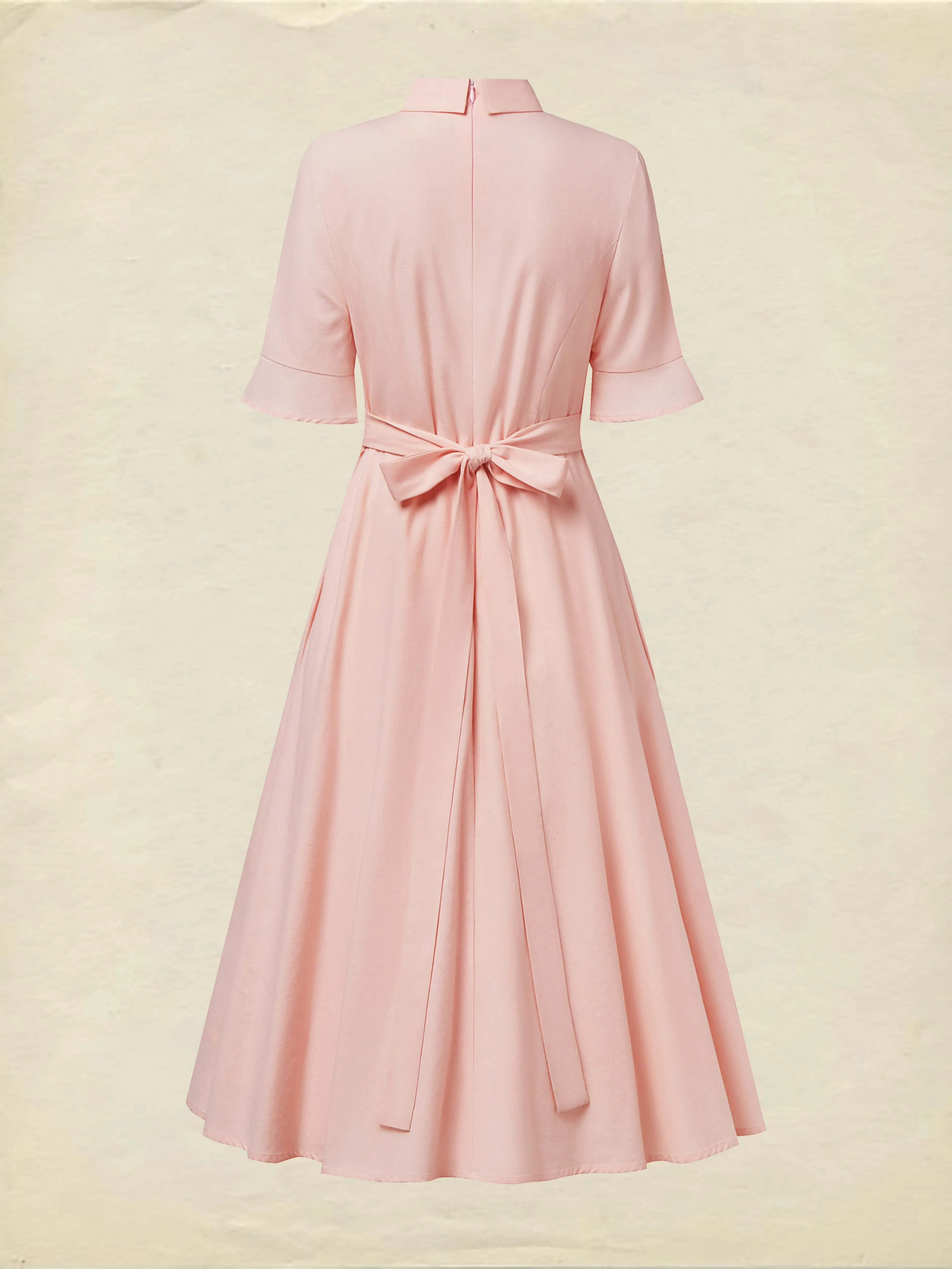 Midi Linen Dress , Half Sleeve, Round Neck, Plain, Bow, French Vintage, Light Pink - Light Pink