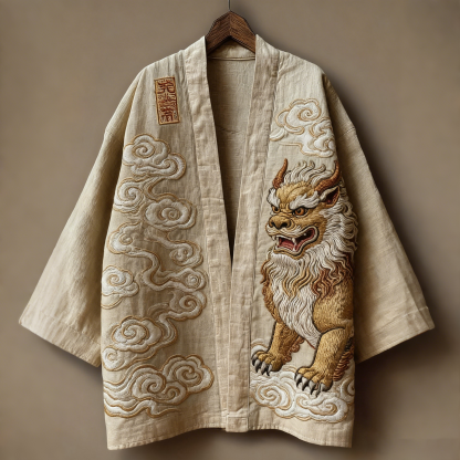 Retro Japanese Art Linen Blend Kimono Cardigan - Khaki