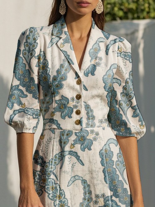 Maxi Linen Dress, Half Sleeve, Shawl Collar, Paisley, Button Design, Vacation, Vintage, White - White