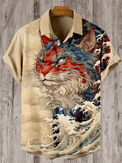 Japanese Wave Inspired Mysterious Cat Cozy Linen Blend Shirt - Khaki