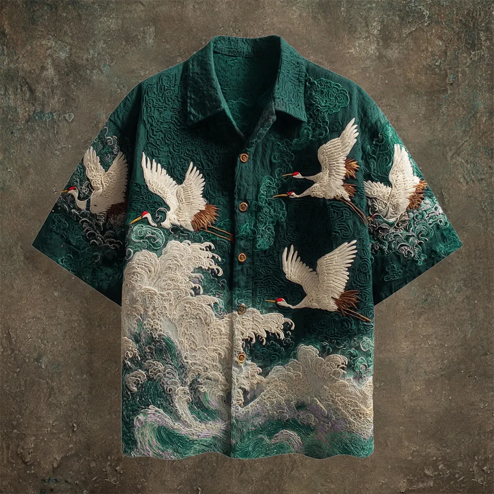 Japanese Wave & Crane Men's Casual Linen Short Sleeve Shirt - Black