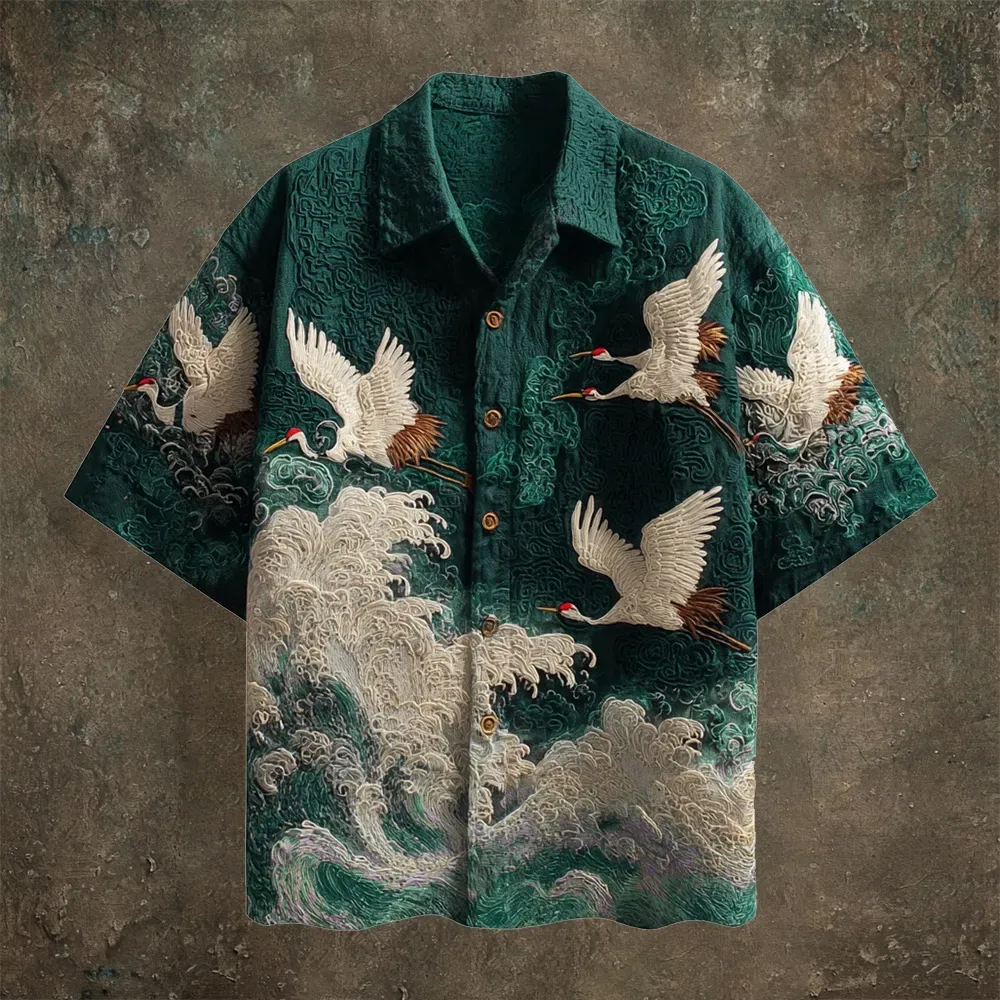 Japanese Wave & Crane Men's Casual Linen Short Sleeve Shirt - Black