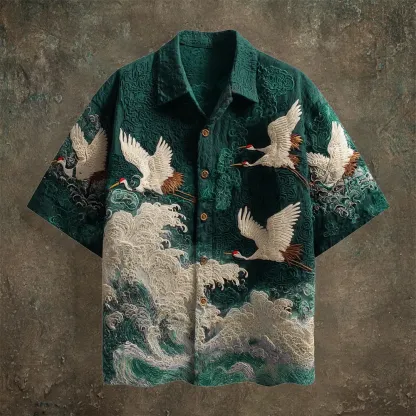 Japanese Wave & Crane Men's Casual Linen Short Sleeve Shirt - Black