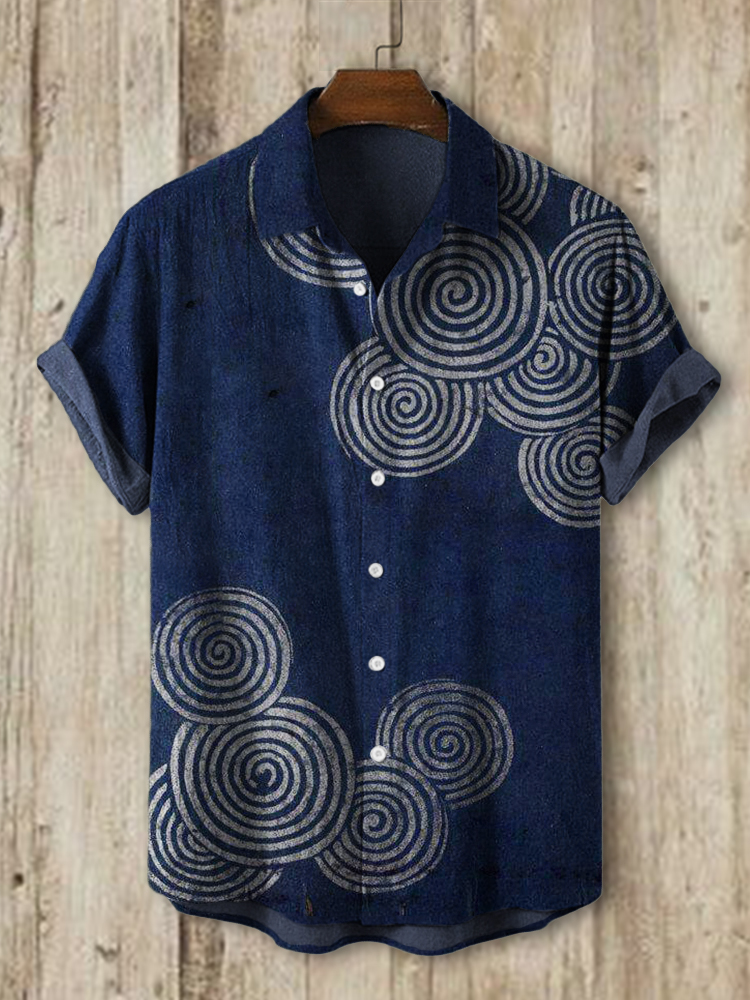 Sea Waves Ripples Japanese Lino Art Shirt - Black