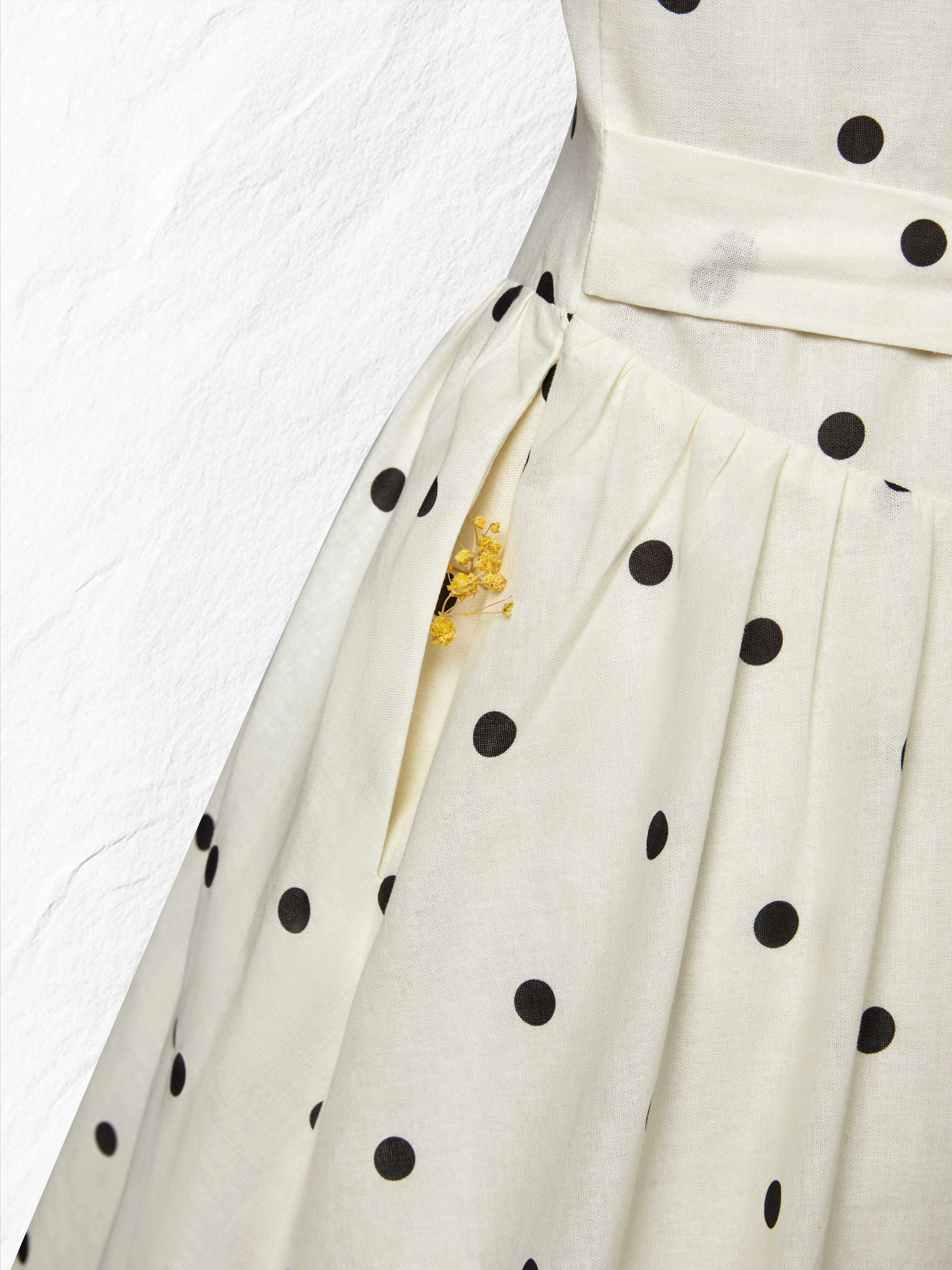 Maxi Linen Dress, Short Sleeves, Shawl Collar, Polka Dots, French Vintage, Off White - Off White