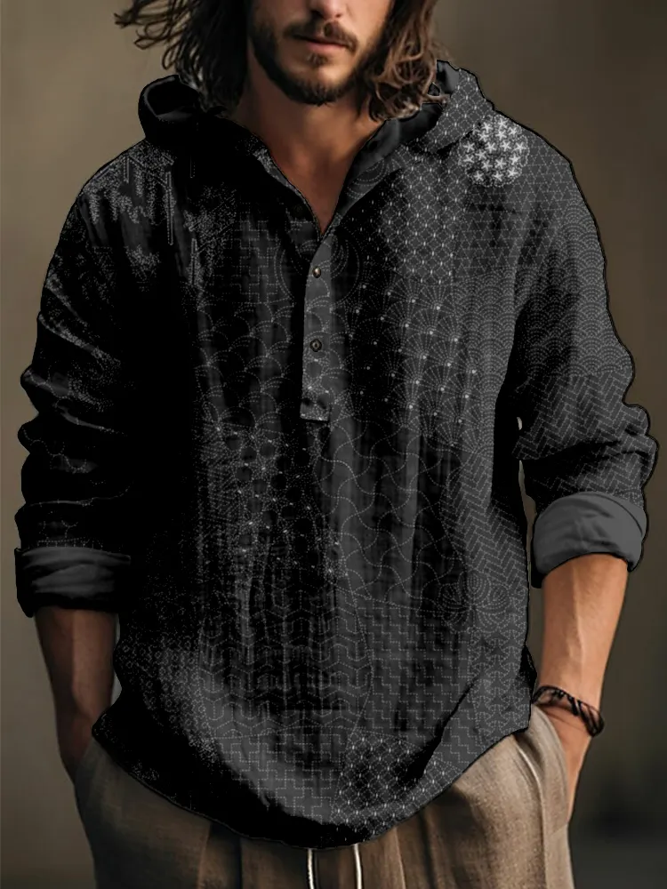 Men's Japanese Traditional Sashiko Art Linen Blend Hooded Shirt - Black
