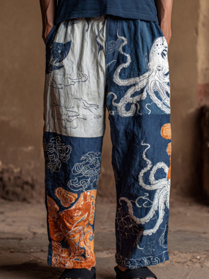 Men's Retro Japanese Art Ocean Octopus Print Casual Pants - Navy blue