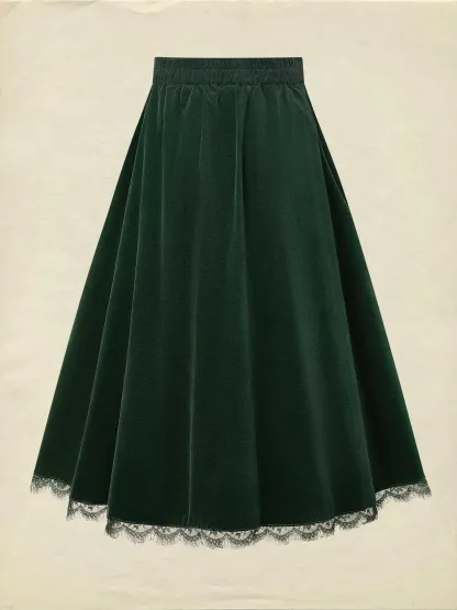 Midi Cotton Skirt (Shirt and Vest Not Included), Plain, Pocket Design, Vintage, Green - Green