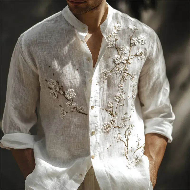 Men's Classy White Almond Blossom Embroidered Linen Shirt - White