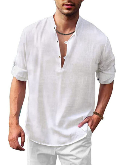 Men's Cotton Linen Casual Hippie Long Sleeve Shirt - Blue