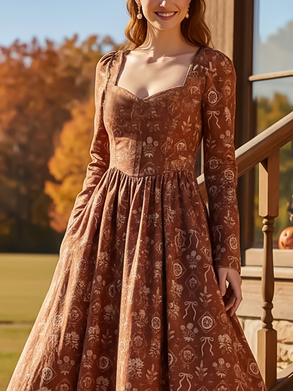Midi Linen Dress, Long Sleeves, Sweetheart Neck, Floral, Vintage, Caramel - Caramel