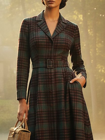 Wool Coat, Long Sleeves, Lapel Collar, Plaid, Belt Design, Vintage, Crimson - Crimson