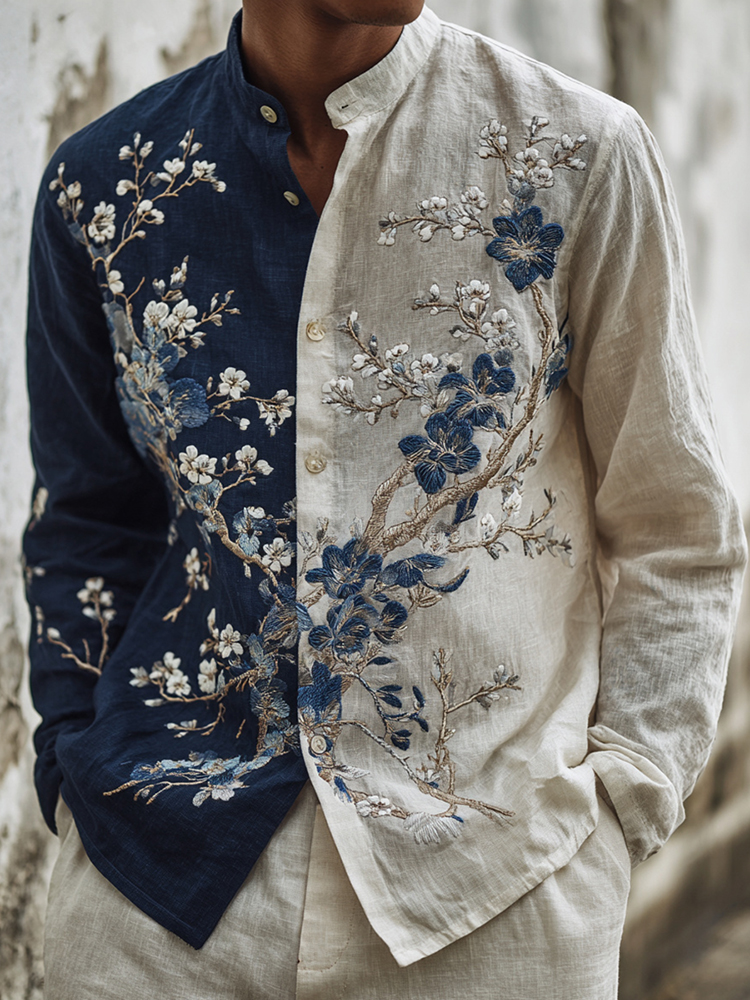 Men's Japanese-style Floral Art Casual Shirt - Blue white
