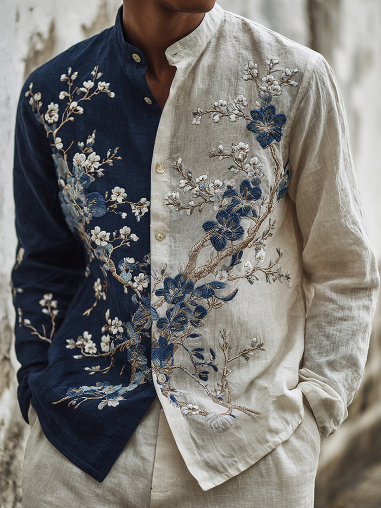 Men's Japanese-style Floral Art Casual Shirt - Blue white
