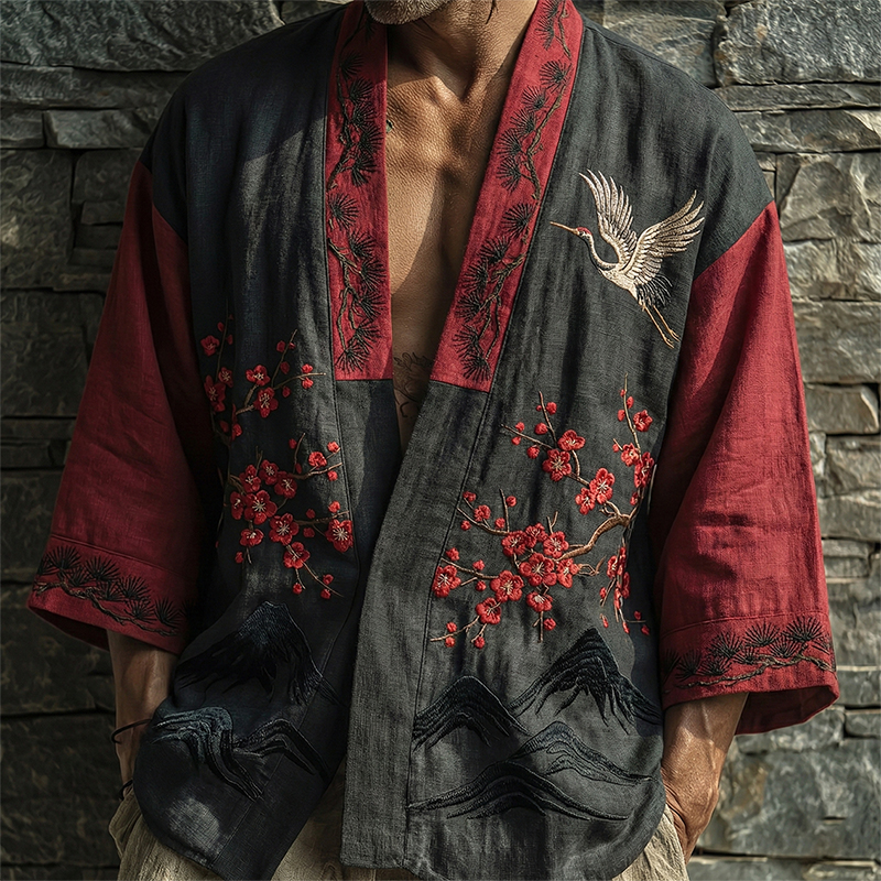 Japanese Cherry Blossoms Cranes Patchwork Art Linen Kimono Cardigan - Black red