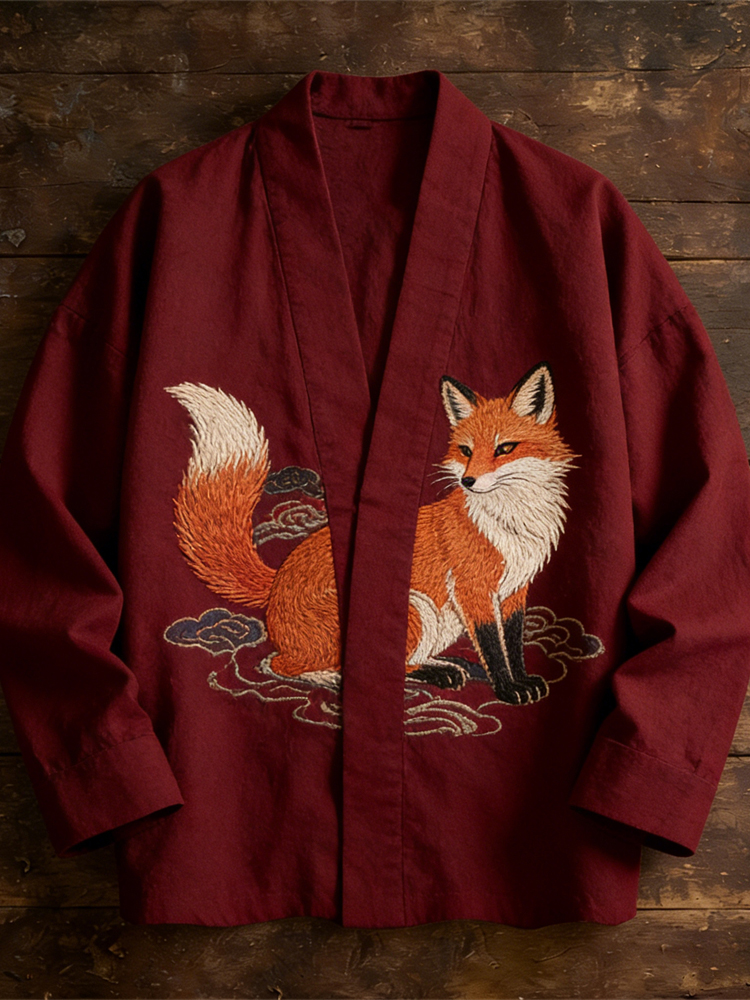 Japanese Fox Embroidered Totem Men's Linen Kimono - Red