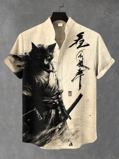 Men's Black Cat Samurai Ink Painting Art Print Short Sleeve Shirt - Khaki