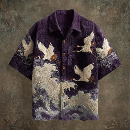 Japanese Wave & Crane Men's Casual Linen Short Sleeve Shirt - Black