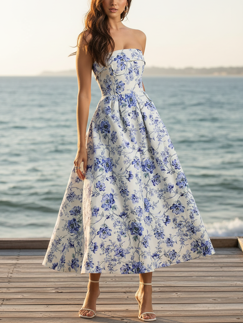 Maxi Cotton Dress, Sleeveless, Strapless, Floral, Vacation, Vintage, Blue - Blue