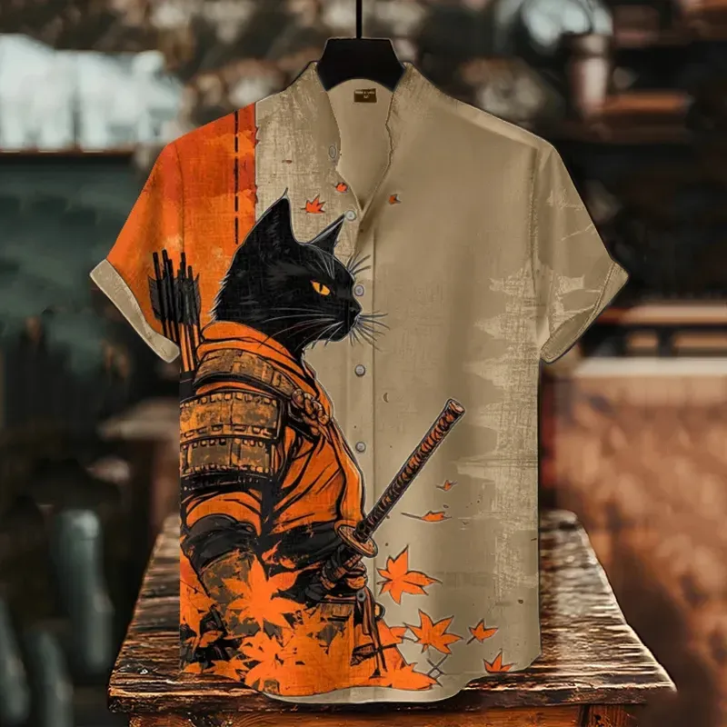 Men's Black Cat Warrior And Maple Leaf Temple Print Casual Shirt - Black