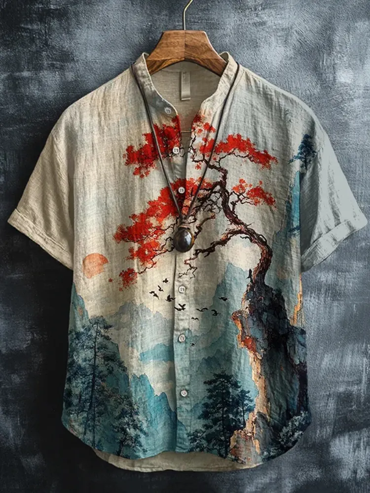 Men's Japanese Flower Art Print Short Sleeve Shirt - Khaki