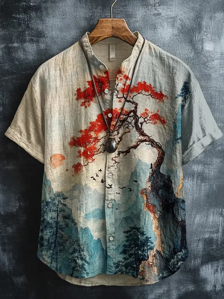Men's Japanese Flower Art Print Short Sleeve Shirt - Khaki