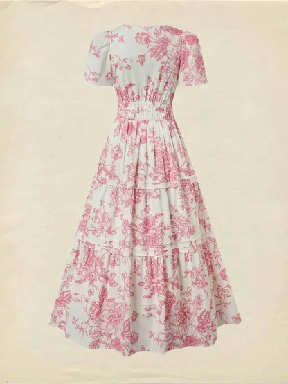 Maxi Cotton Dress, Short Sleeves, V Neck, Floral, Vintage, Apricot - Apricot