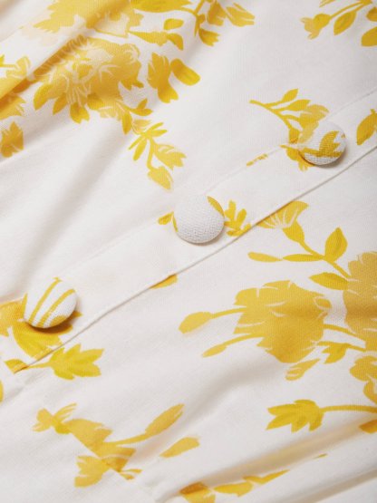 Linen Maxi Dress, Bell Sleeve, Boat Neck, Floral, Vintage, Yellow - Yellow