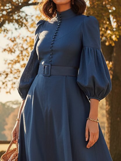 Maxi Cotton Dress, Half Sleeve, Stand Collar, Plain, Belt Design, Vintage, Deep Blue - Deep Blue