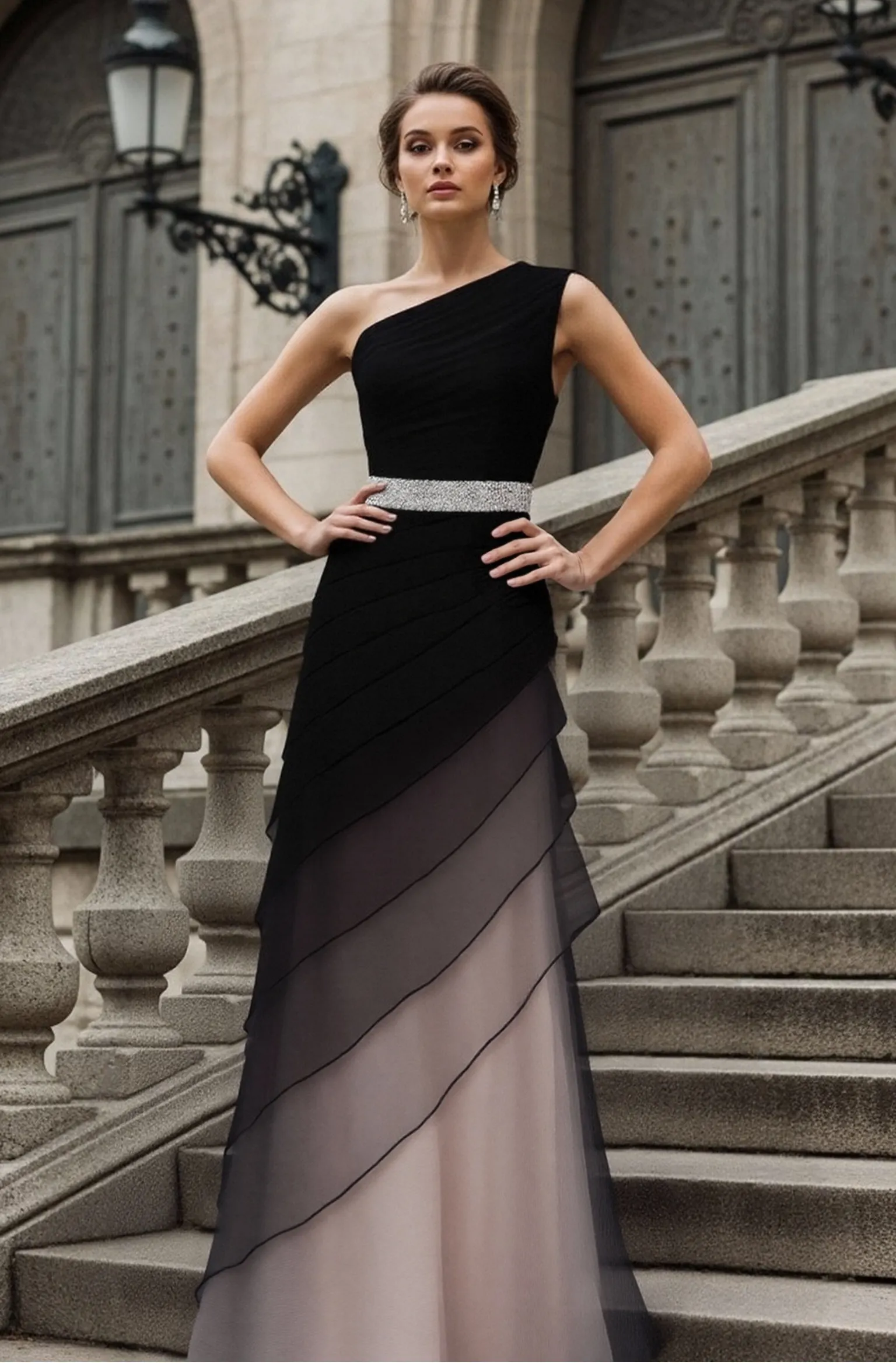 Formal Evening Dress Black One-Shoulder Multi-Layered Silver Belt Maxi Gown