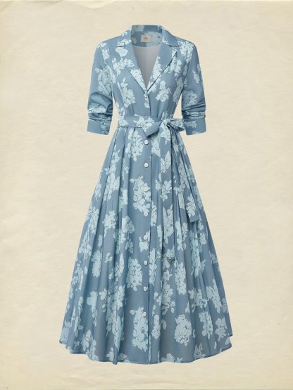 Midi Linen Dress , Half Sleeve, Shawl Collar, Floral, Button Design, Vintage, Blue - Blue