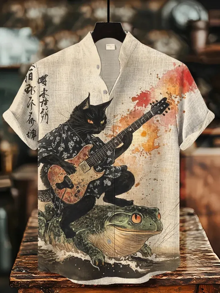 Men's Black Cat Riding On Toad Playing Guitar Print Short Sleeve Shirt - Beige