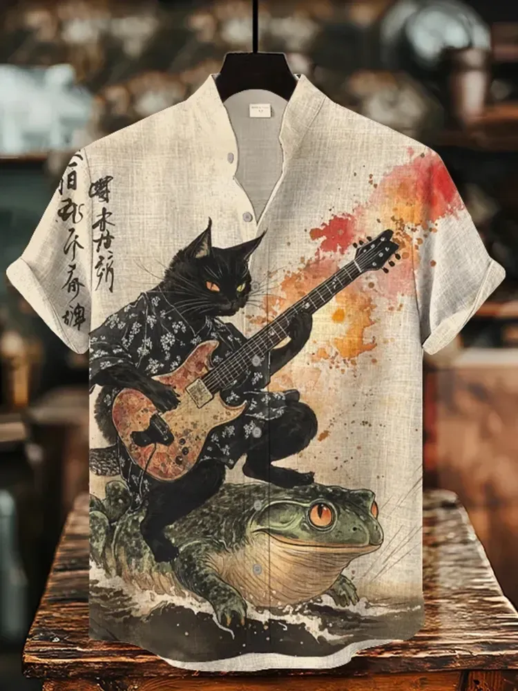 Men's Black Cat Riding On Toad Playing Guitar Print Short Sleeve Shirt - Beige
