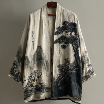 Retro Landscape Art And Tiger Pattern Casual Kimono Cardigan - Grey