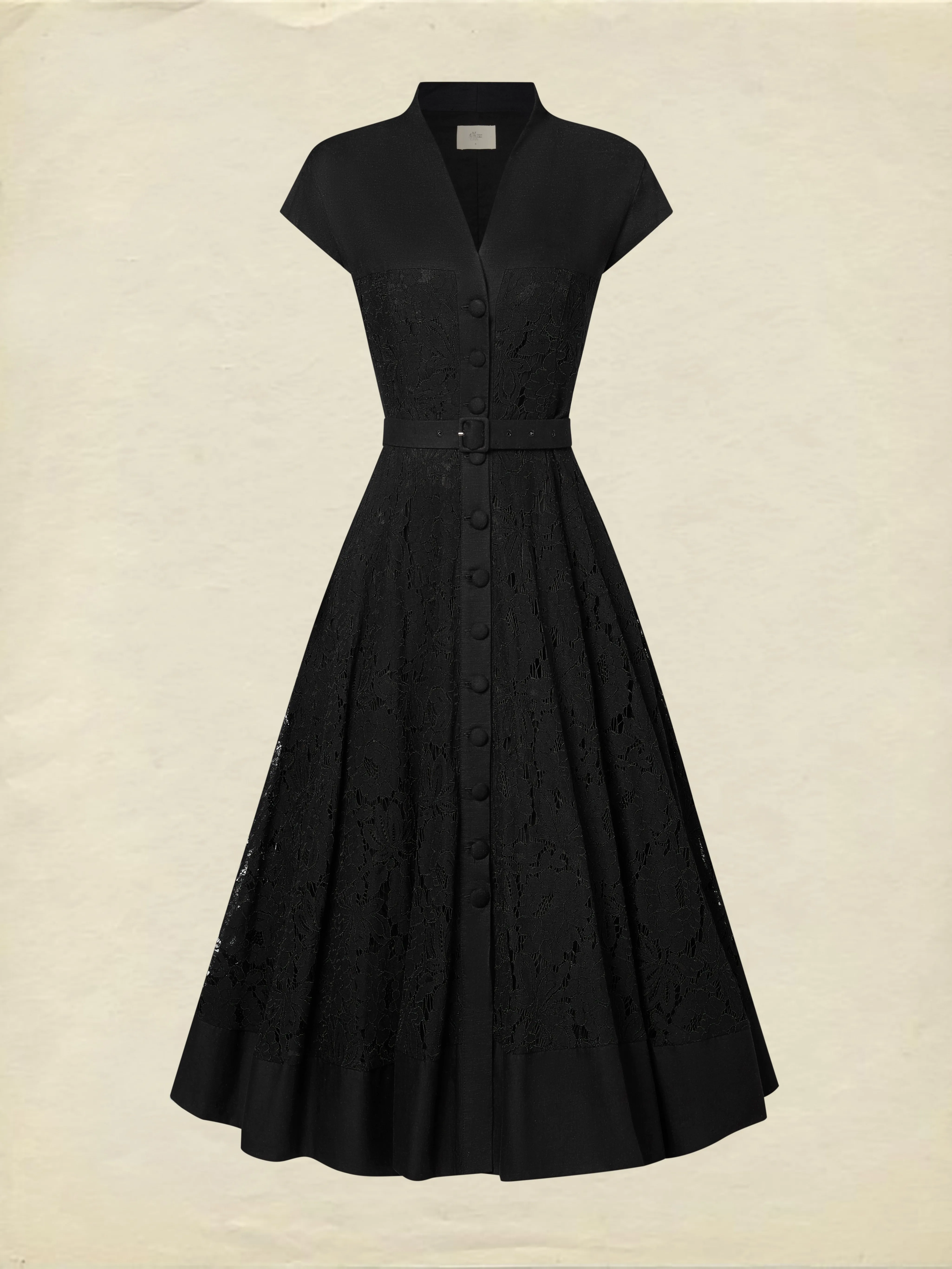 Midi Linen Dress, Sleeveless, V Neck, Lace, Button Design, French Vintage, Black - Black
