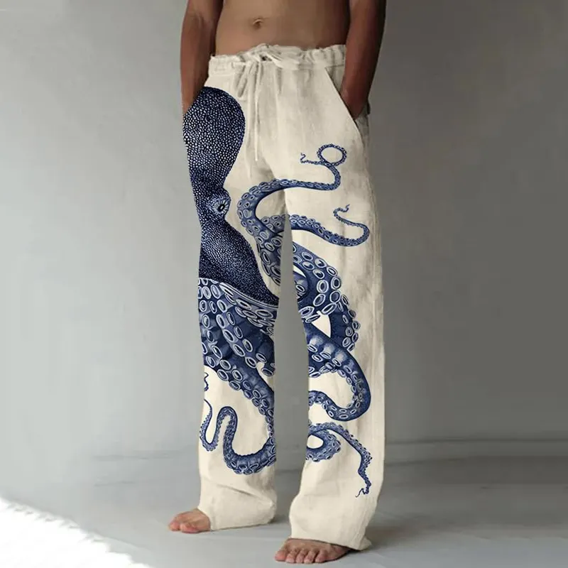 Japanese Art Octopus Graphic Printed Casual Pants - Beige