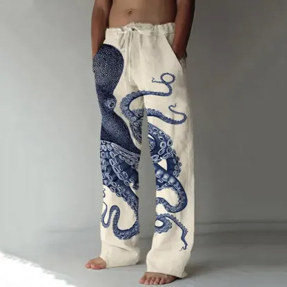 Japanese Art Octopus Graphic Printed Casual Pants - Beige