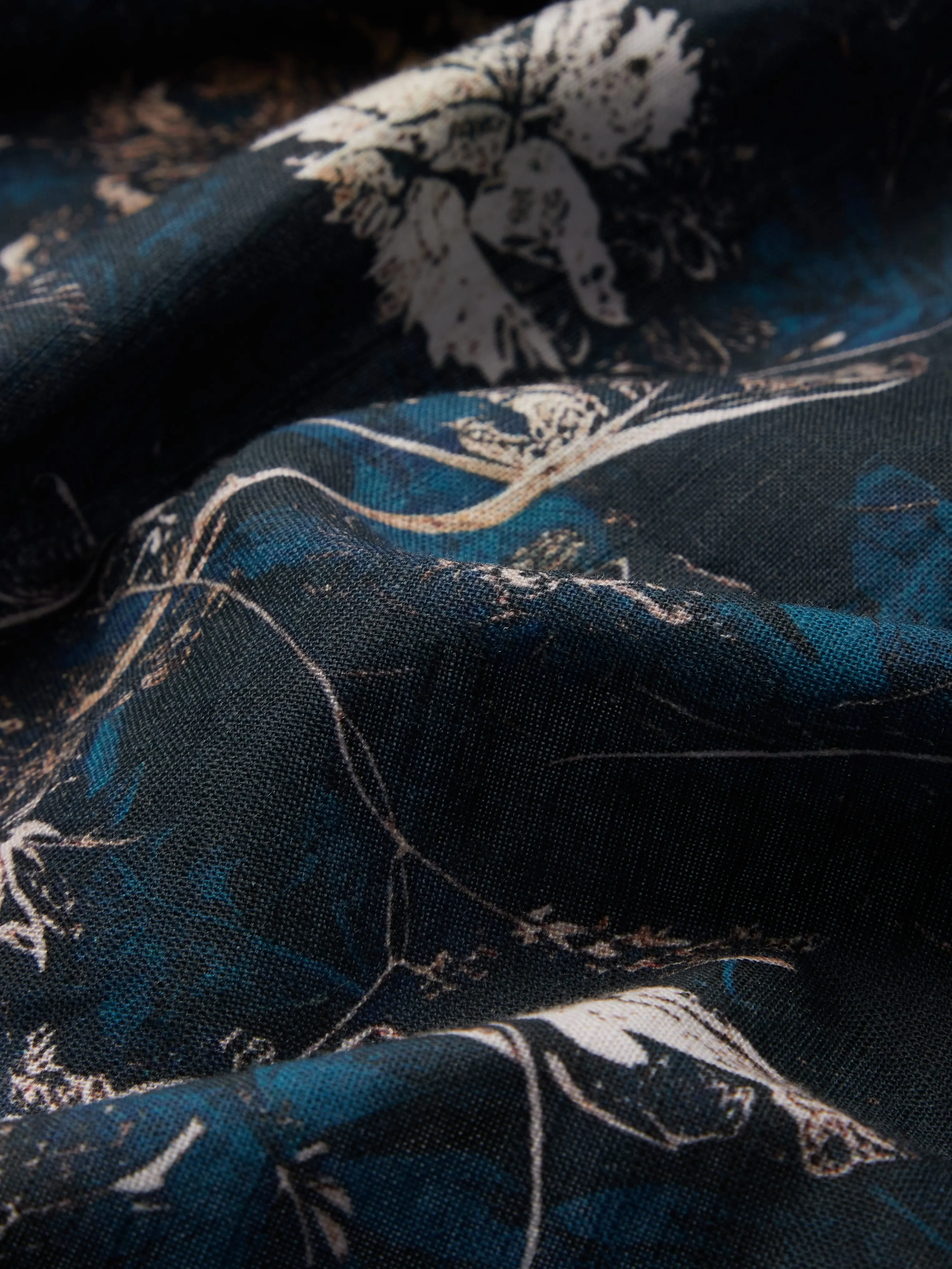 Midi Linen Dress, Long Sleeves, V Neck, Floral, Button Design, Vintage, Deep Blue - Deep Blue