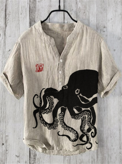 Octopus Japanese Lino Art Linen Blend Shirt - Black